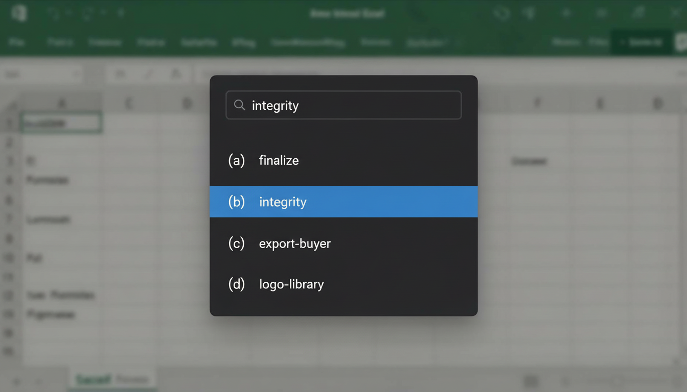 Invoke command palette overlay on Excel showing commands like finalize workbook, audit hardcoded formulas, export buyer pdf